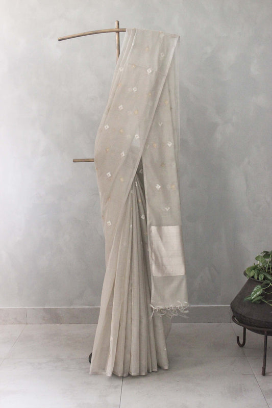 Grey silk with mercerised cotton and all over meena diamond motif saree