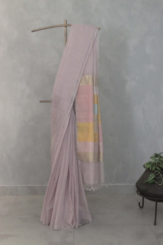 Light Purple Silk Tissue with Merserised Cotton and Khapa Abstract Pallu Saree