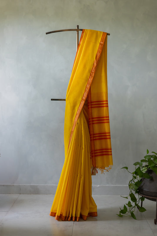 Yellow Maheswari Checks Body Zigzag Border Saree