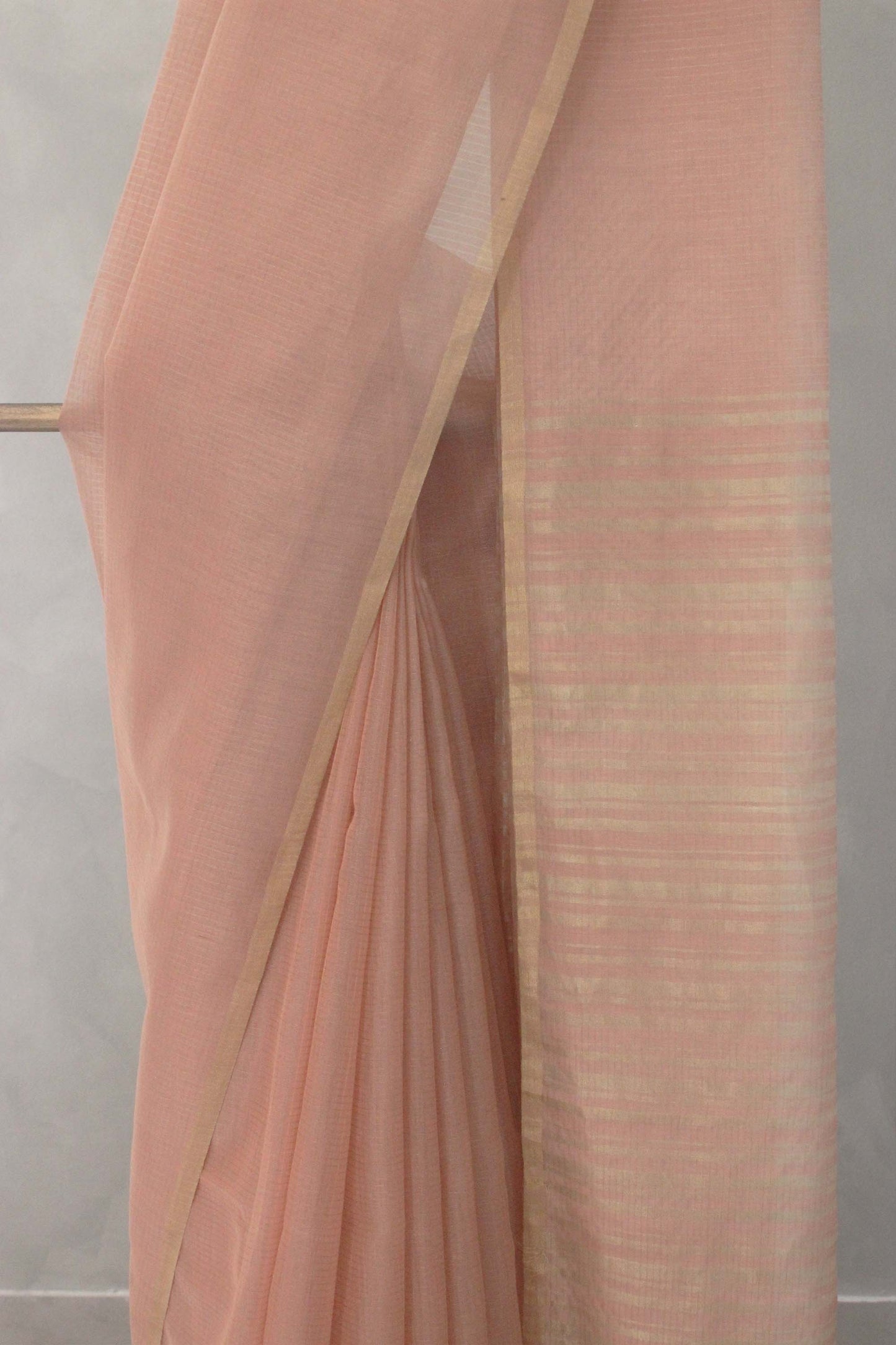 Light Peach Silk with Mercerized Cotton and all Over Zari Checks Saree