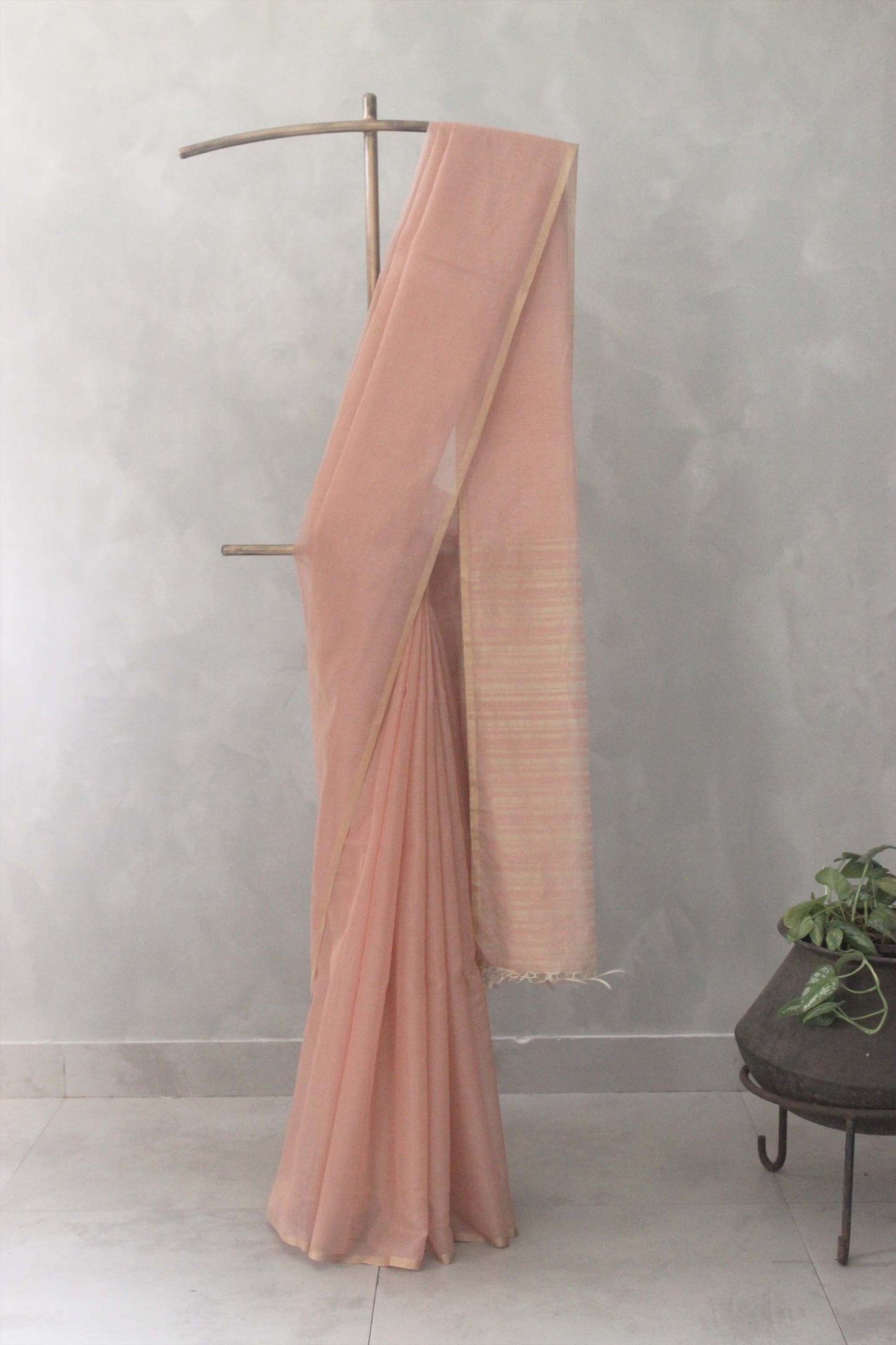 Light Peach Silk with Mercerized Cotton and all Over Zari Checks Saree