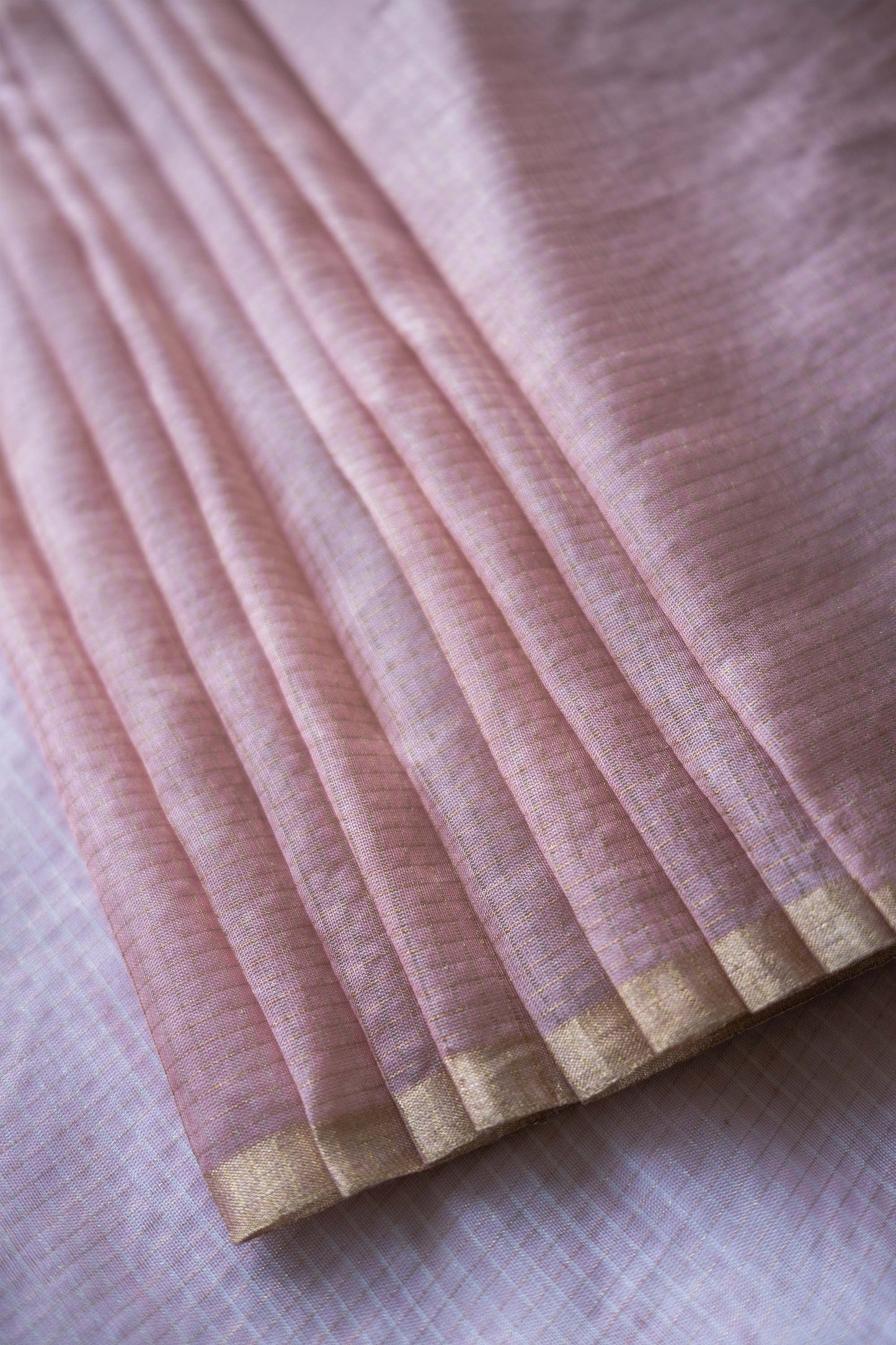 Light Peach Silk with Mercerized Cotton and all Over Zari Checks Saree