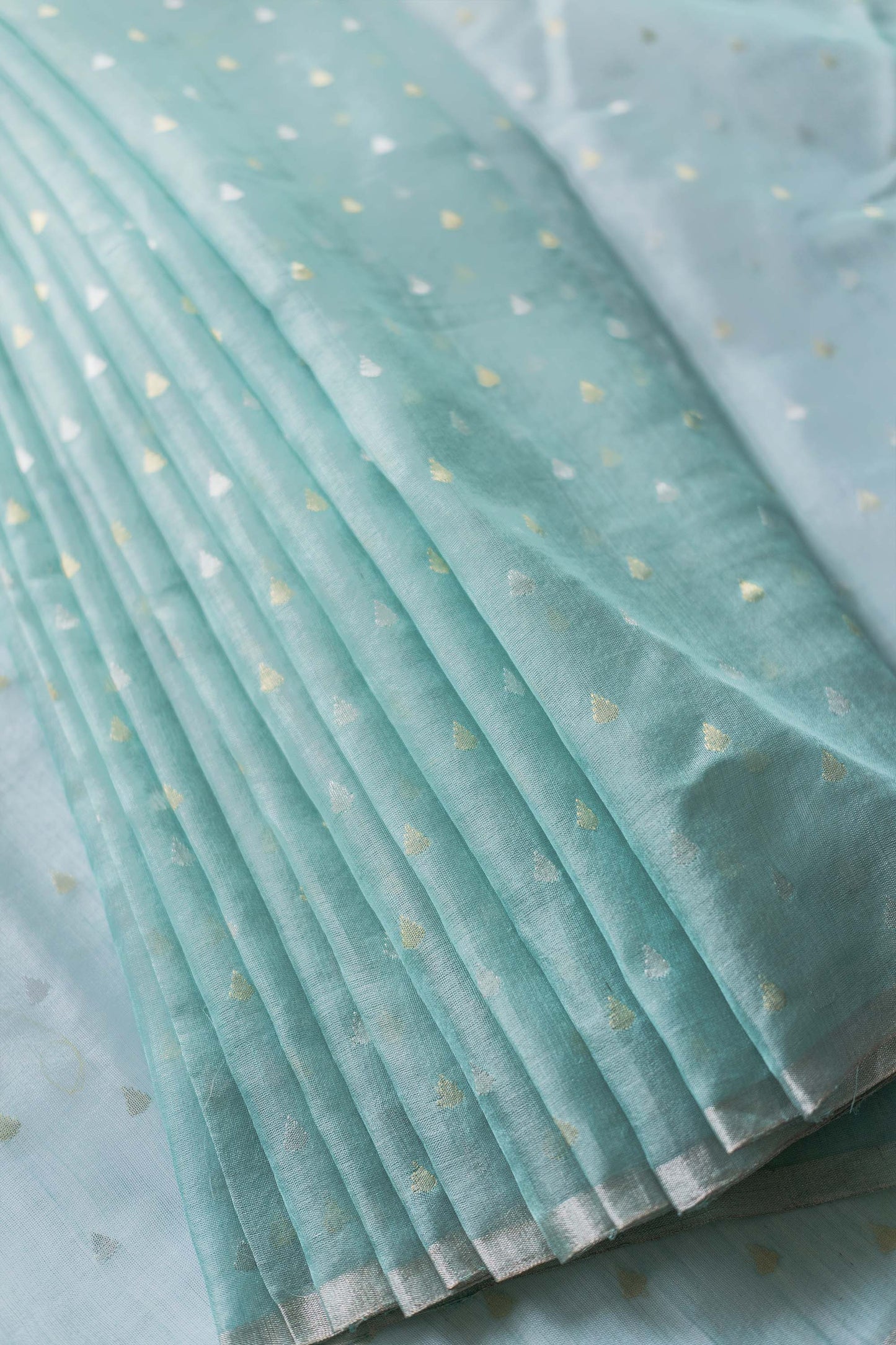 Light Blue Silk with Mercerized Cotton All Over Raindrop Motif Saree