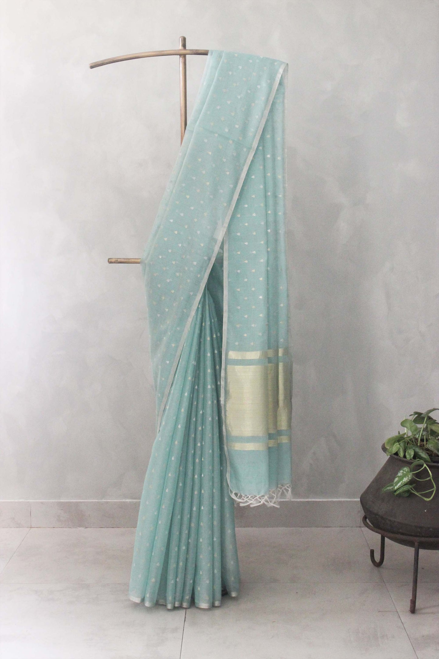 Light Blue Silk with Mercerized Cotton All Over Raindrop Motif Saree