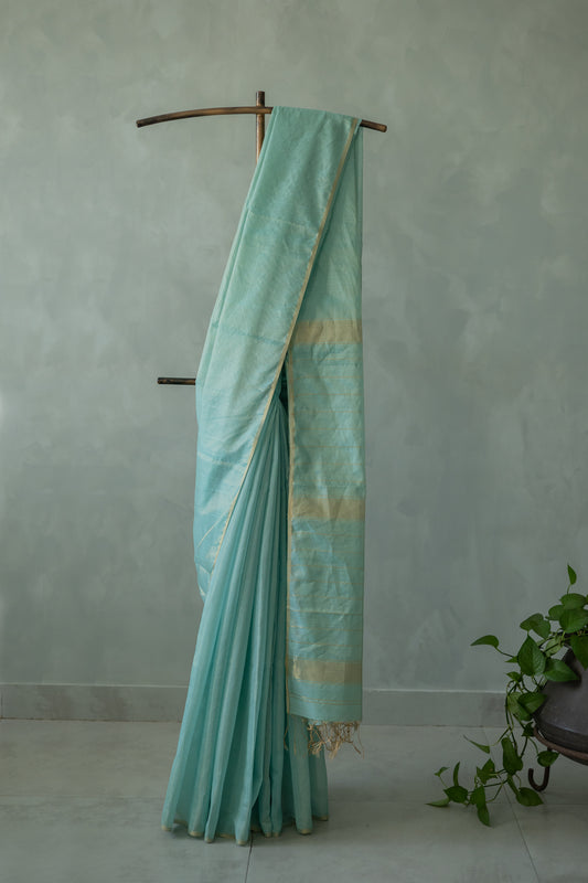 Mint Green Maheswari Tissue Plain Body with Zari Pallu