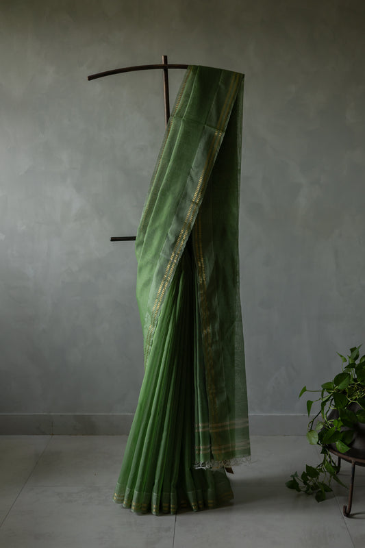 Green Silk Cotton with Barcode Zari Border Saree