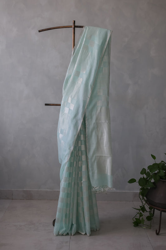 Sea Green Silk Cotton All Over Zari Striped and Zari Boxes Body Saree