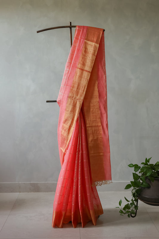 Pink Tussar Khadi All Over Big Zari Checked with Plain Zari Border Saree