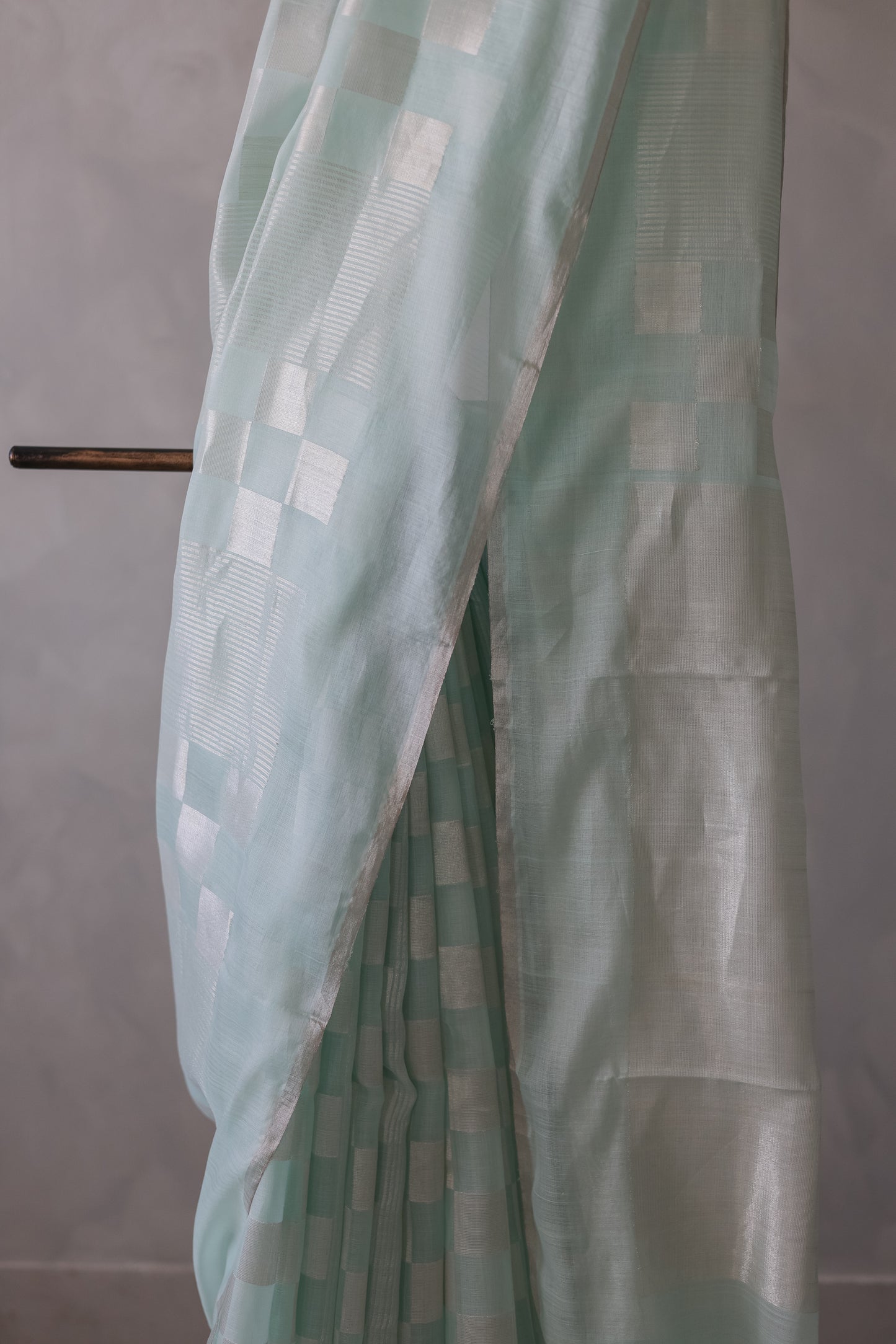 Sea Green Silk Cotton All Over Zari Striped and Zari Boxes Body Saree