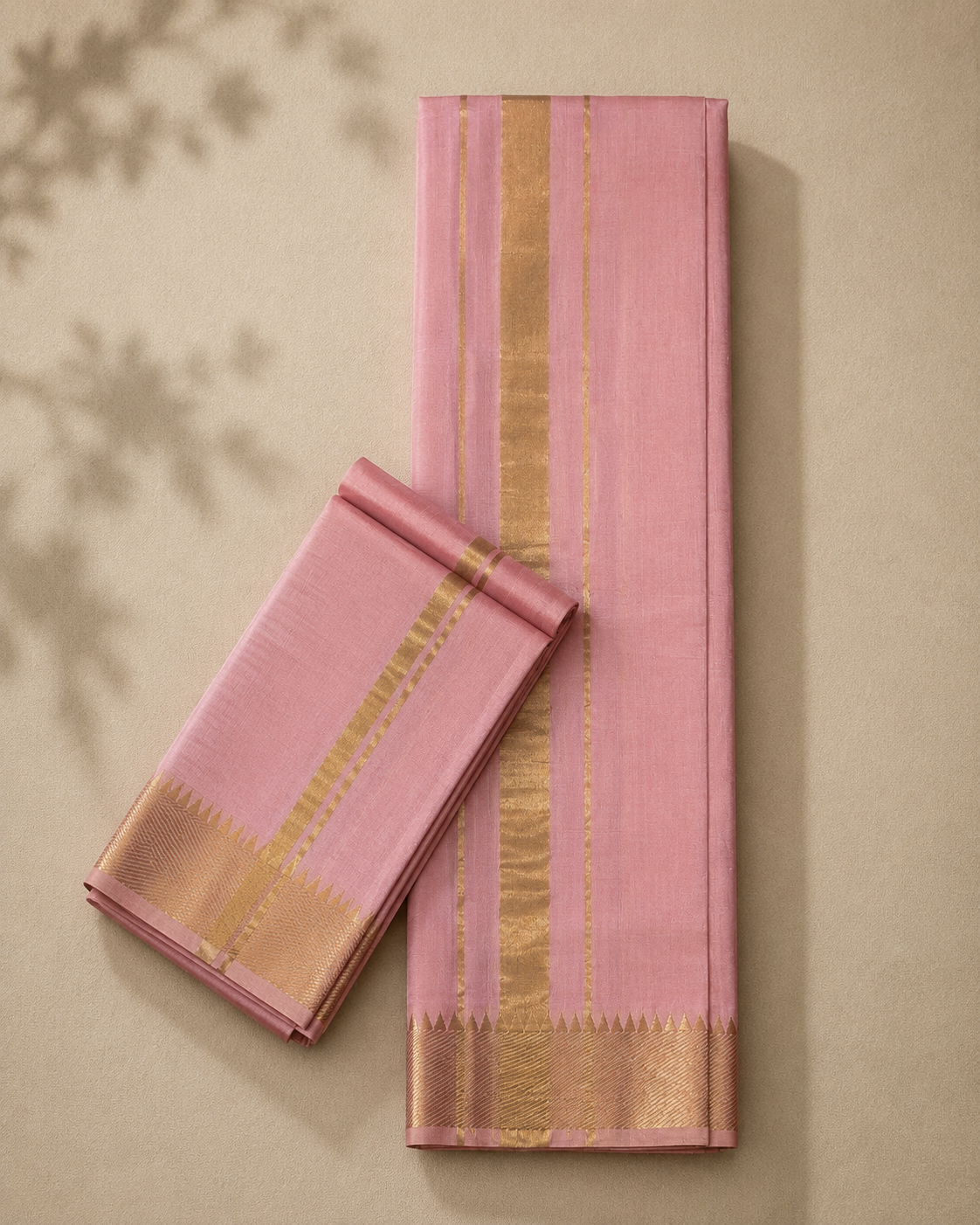 Baby Pink Mangalagiri Silk Cotton Veshti Set with Gold Zari Border