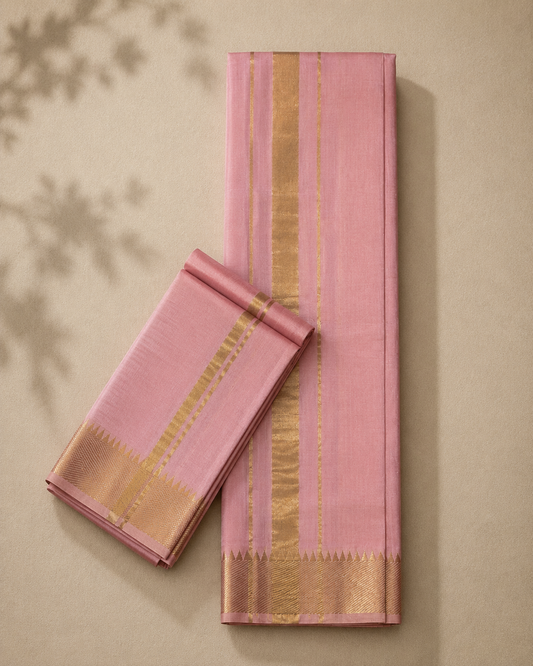 Baby Pink Mangalagiri Silk Cotton Veshti Set with Gold Zari Border