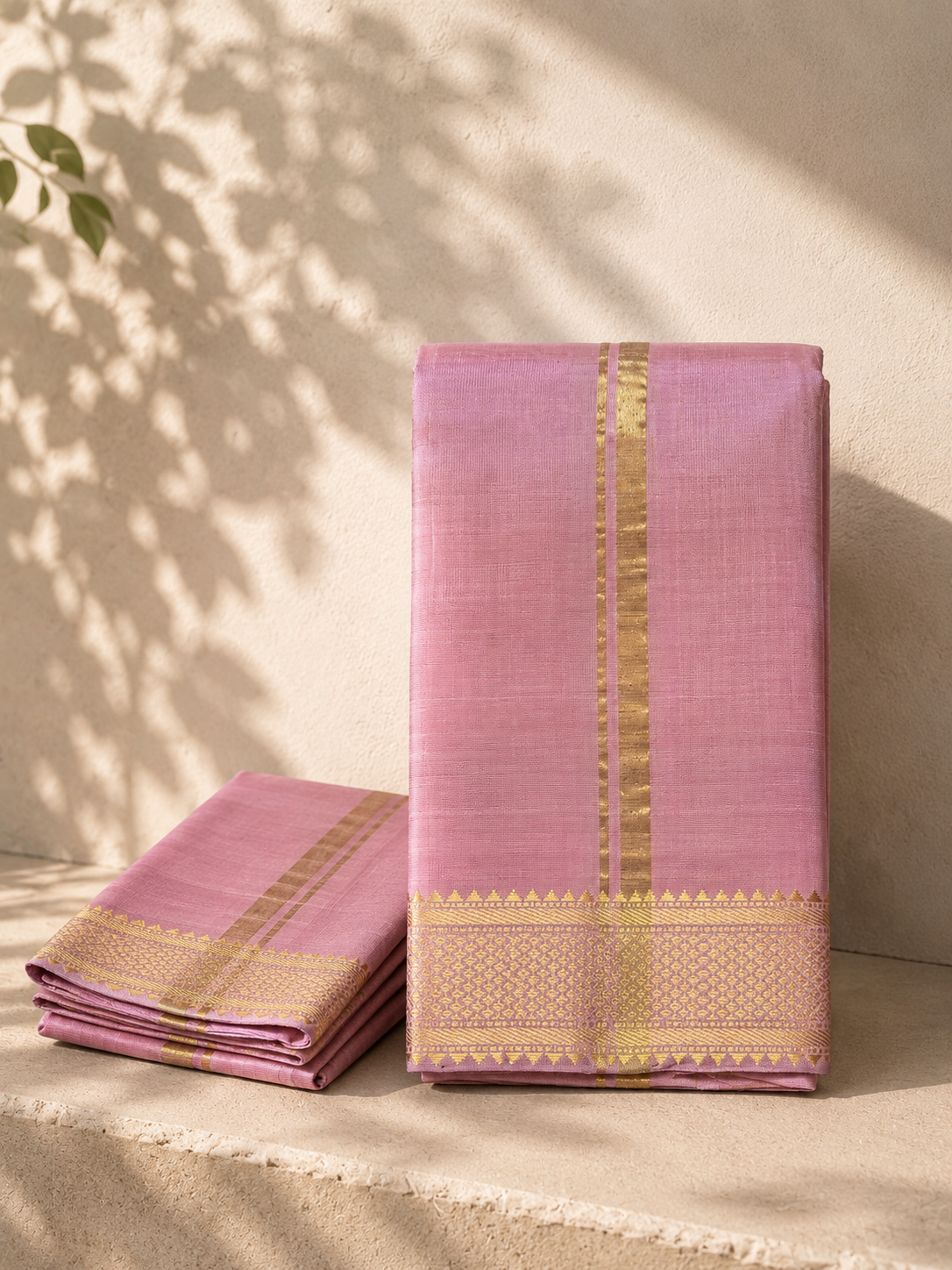 Dusty Rose Pink Mangalagiri Silk Cotton Vesti Set with Gold Border