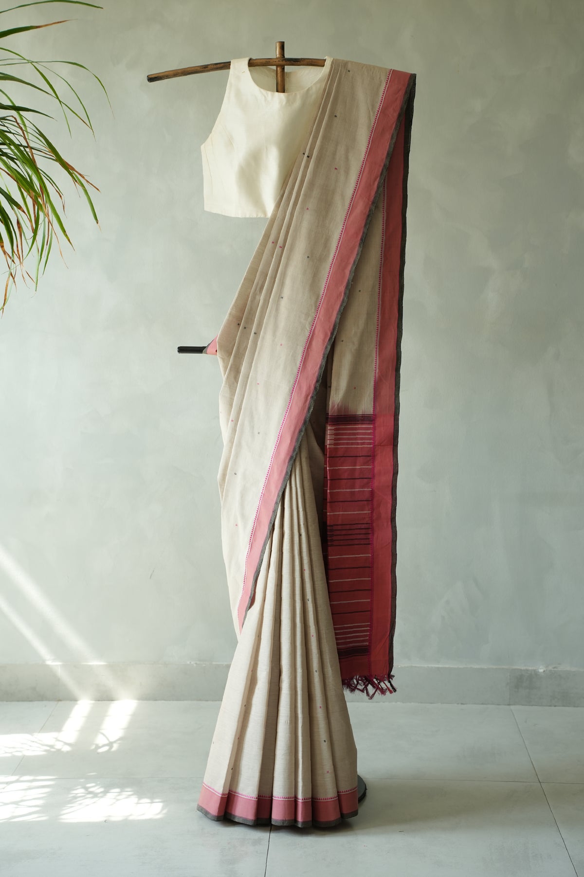 Beige Kanchi Cotton with Light Grey and Pink Border Saree