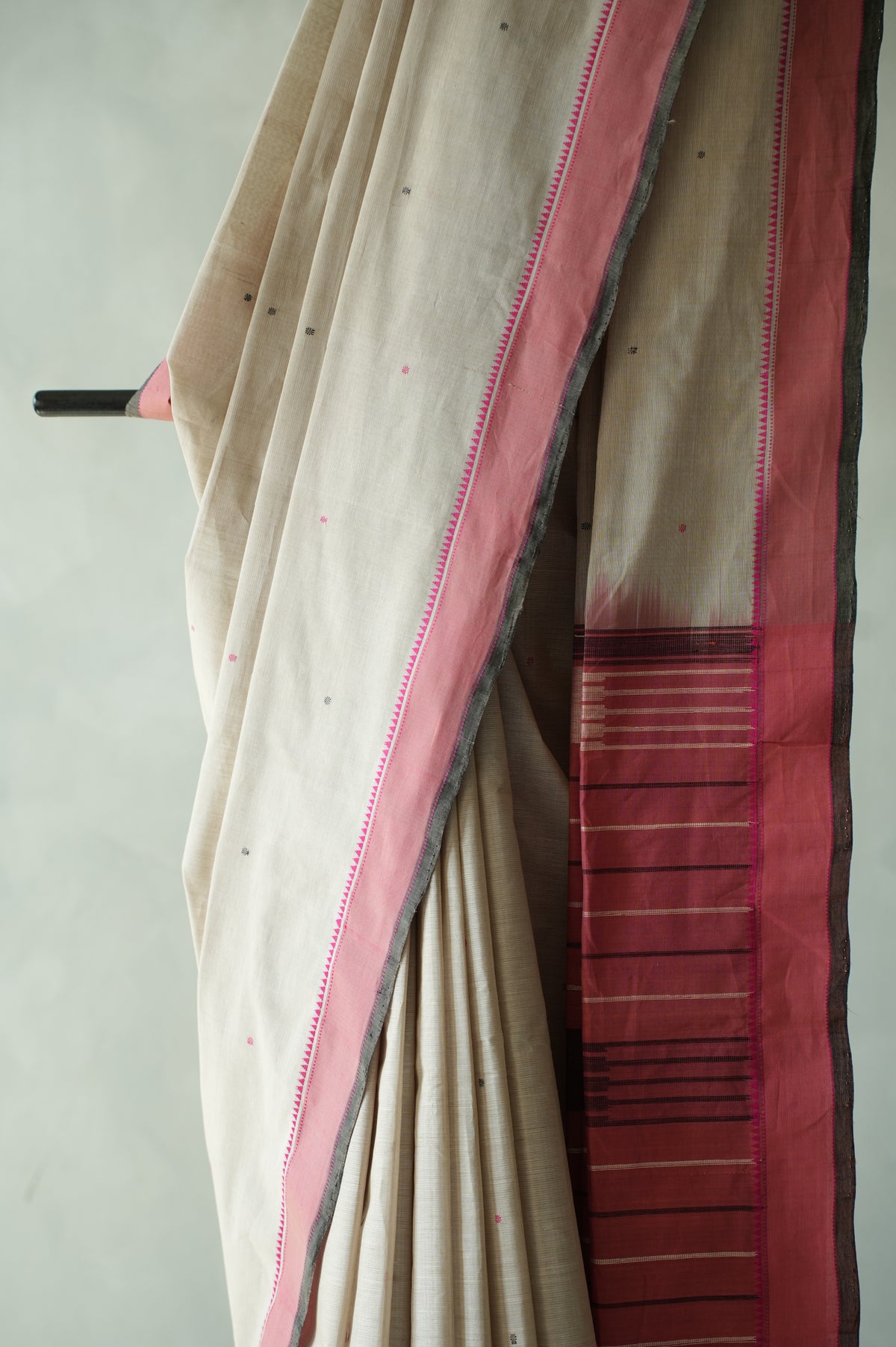 Beige Kanchi Cotton with Light Grey and Pink Border Saree