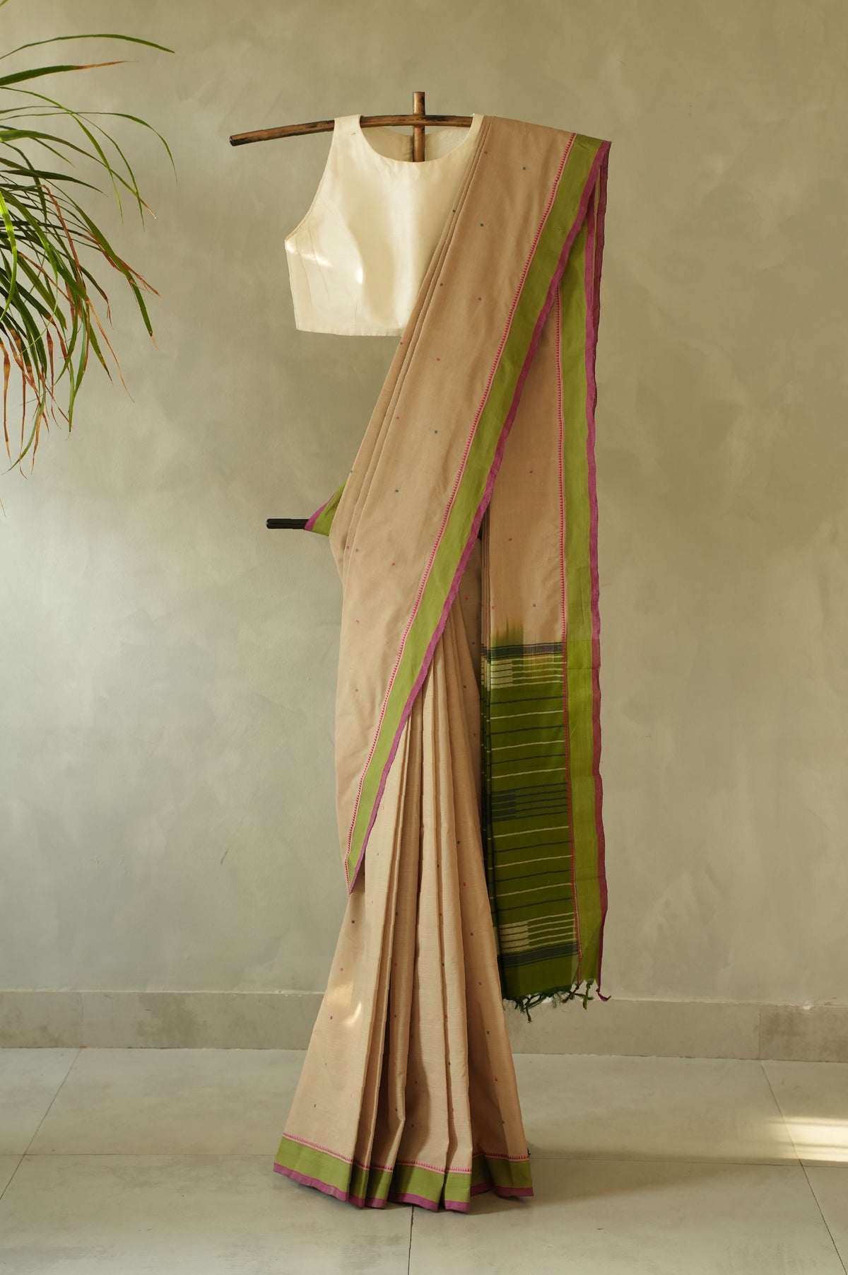 Cream Kanchi Cotton with Green and Pink Border Saree