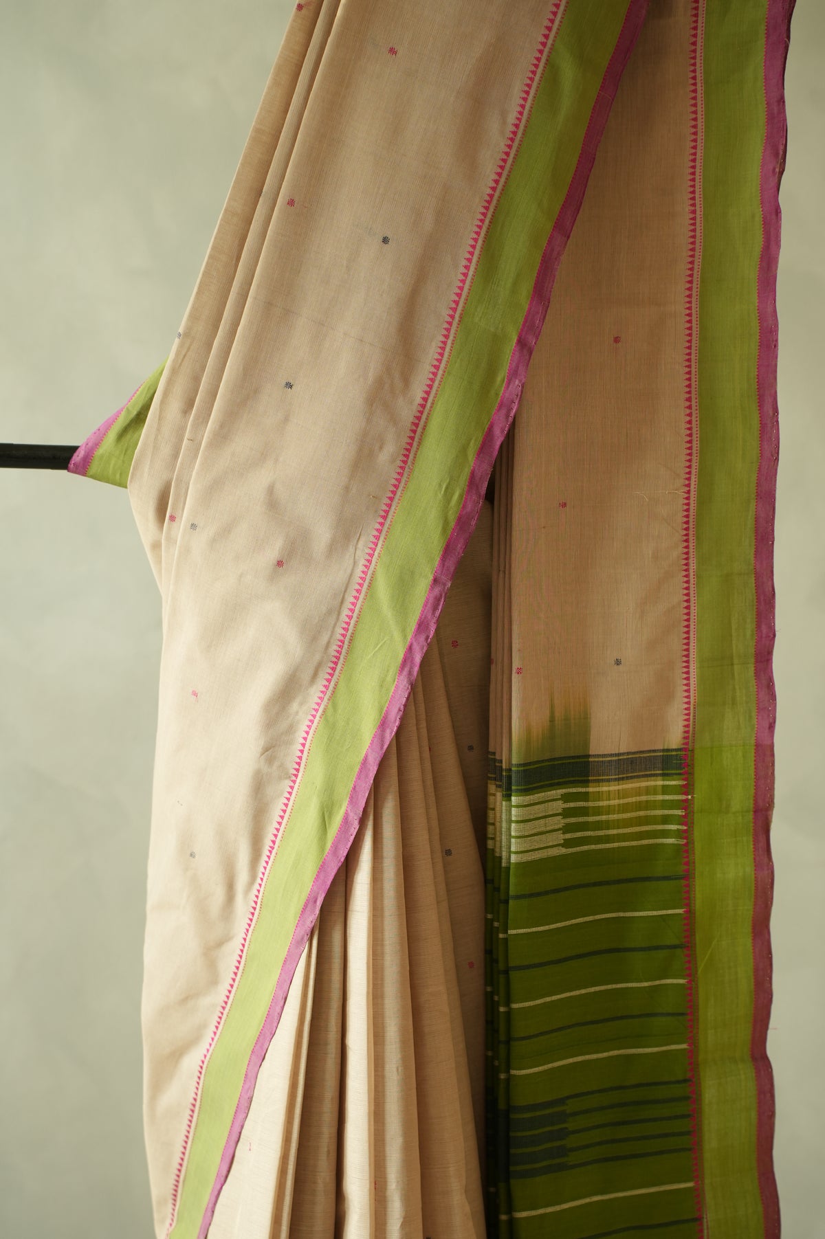 Cream Kanchi Cotton with Green and Pink Border Saree