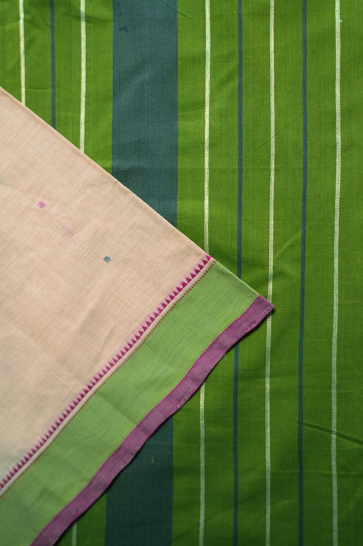 Cream Kanchi Cotton with Green and Pink Border Saree