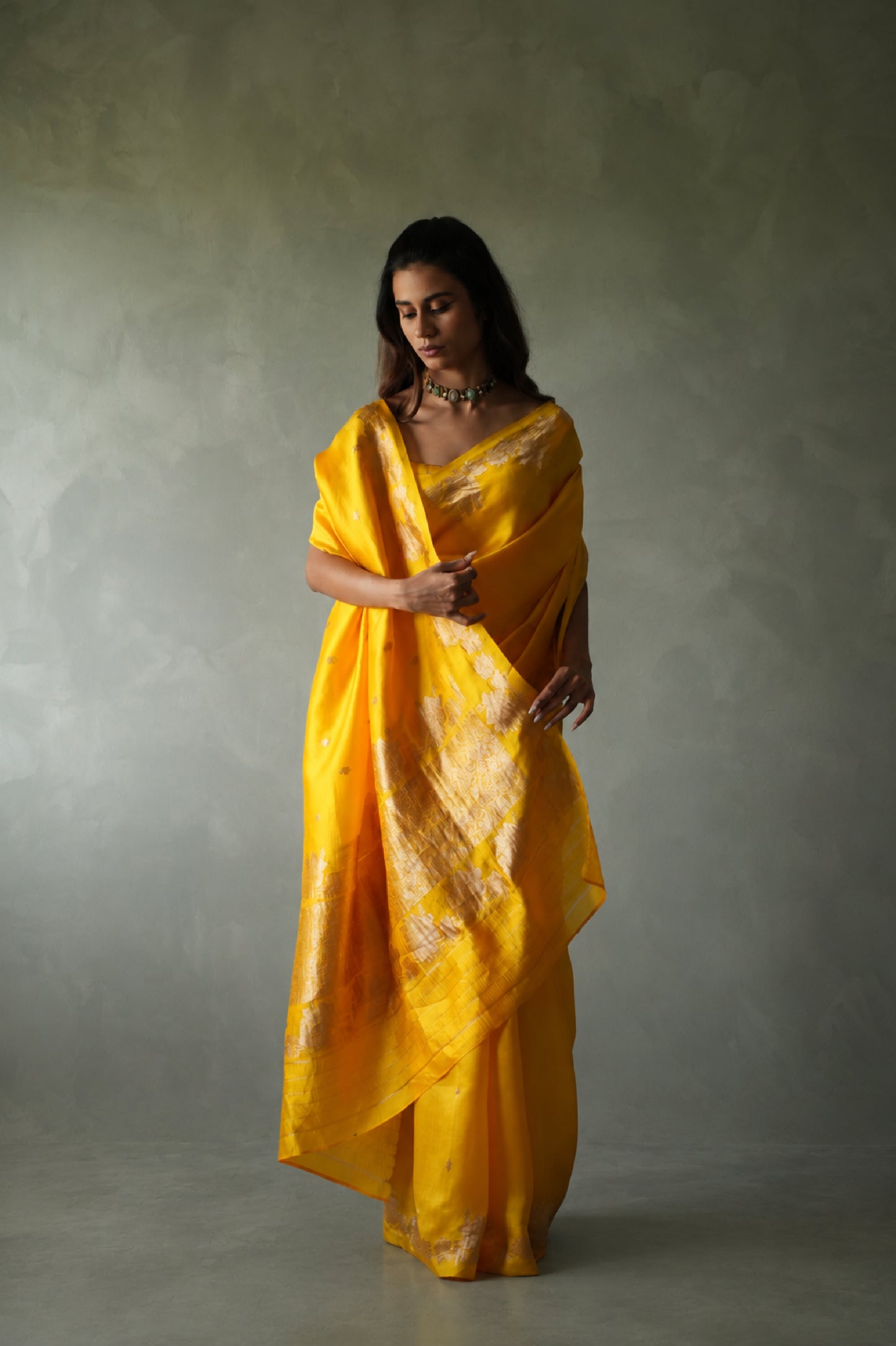 Marigold Yellow Banarasi Silk Saree with Antique Gold Zari Motifs