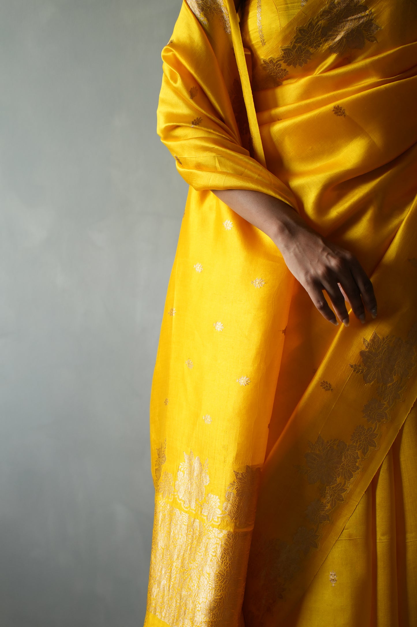 Marigold Yellow Banarasi Silk Saree with Antique Gold Zari Motifs