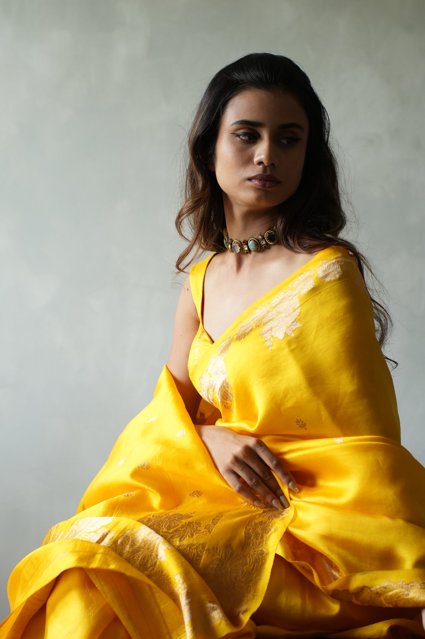 Marigold Yellow Banarasi Silk Saree with Antique Gold Zari Motifs