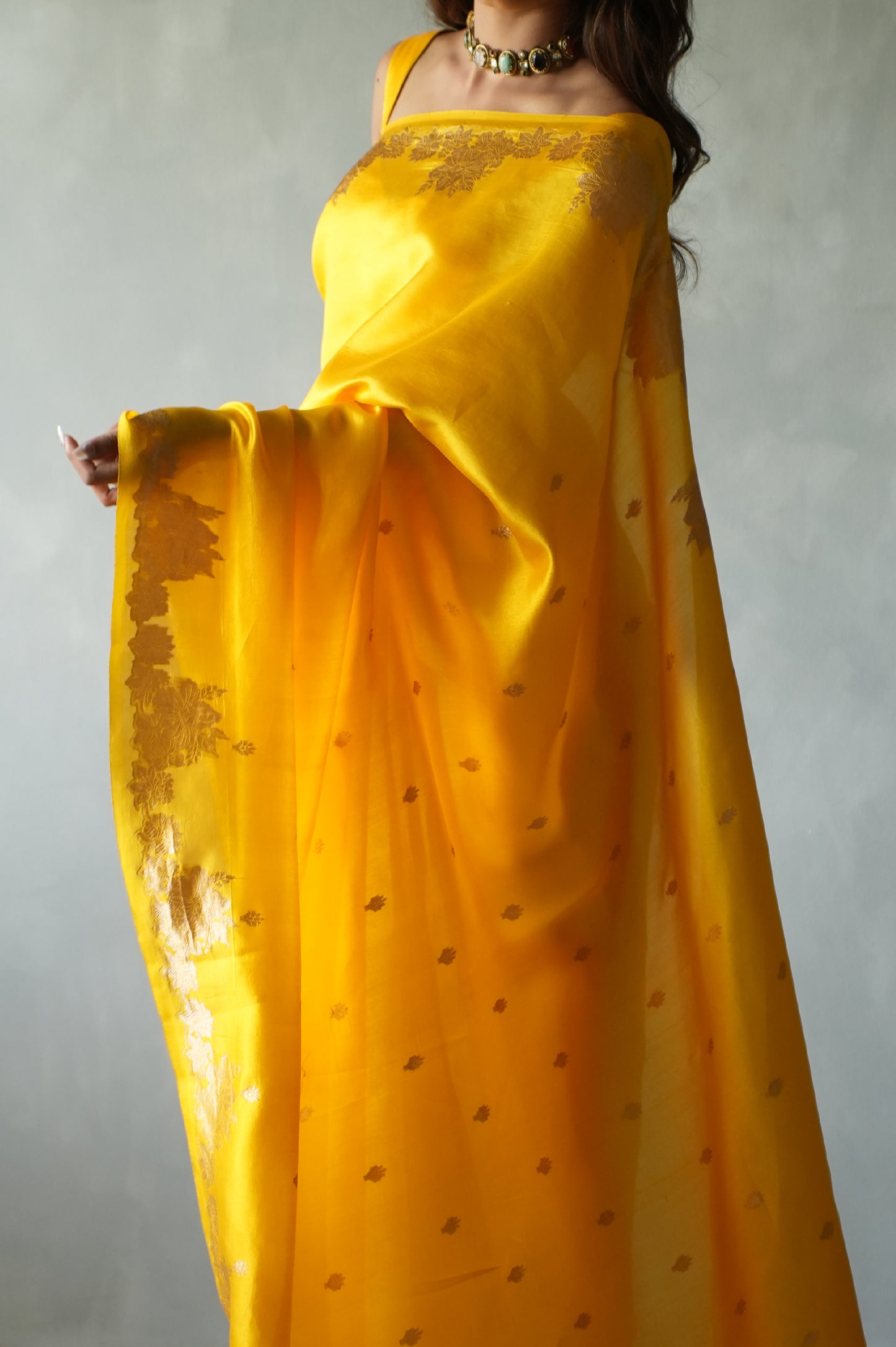 Marigold Yellow Banarasi Silk Saree with Antique Gold Zari Motifs