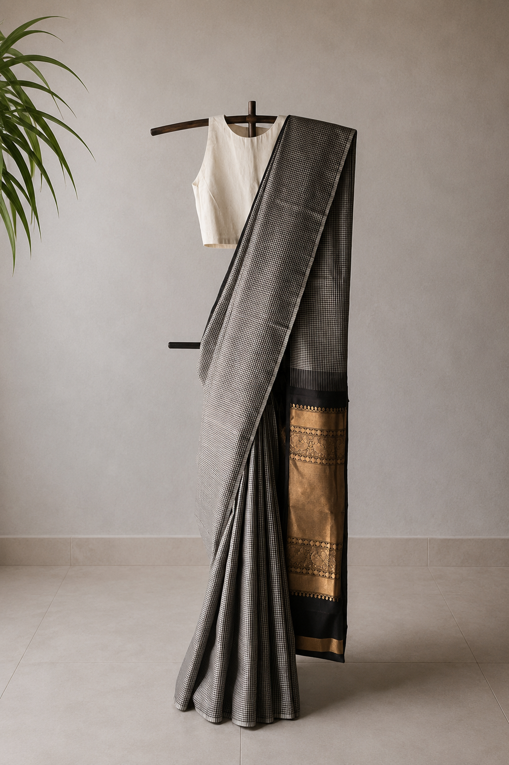 Black and White Micro-Check Handwoven Silk Saree with Gold Zari Pallu
