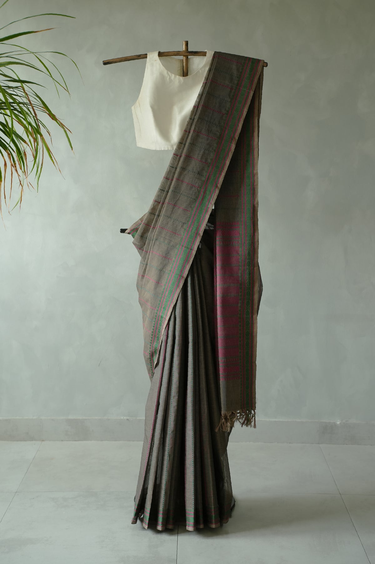 Black Brown Kanchi Cotton with Viridian Green and Rani Pink Border Saree
