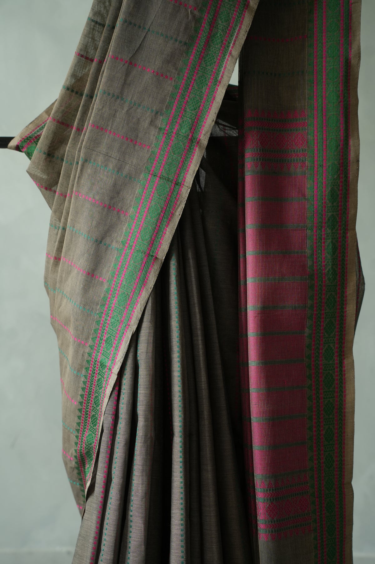 Black Brown Kanchi Cotton with Viridian Green and Rani Pink Border Saree