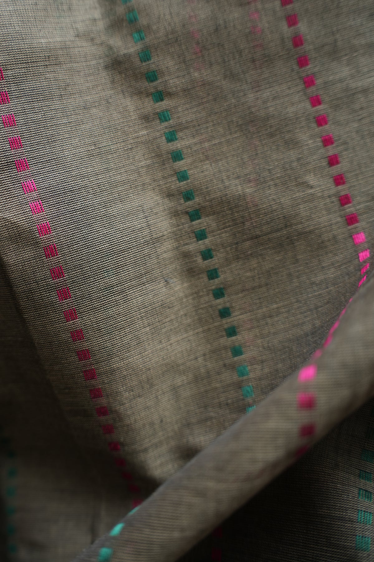 Black Brown Kanchi Cotton with Viridian Green and Rani Pink Border Saree