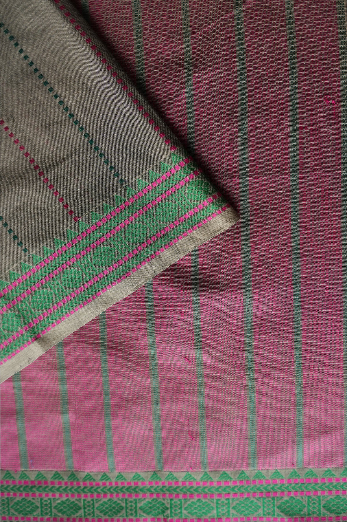 Black Brown Kanchi Cotton with Viridian Green and Rani Pink Border Saree