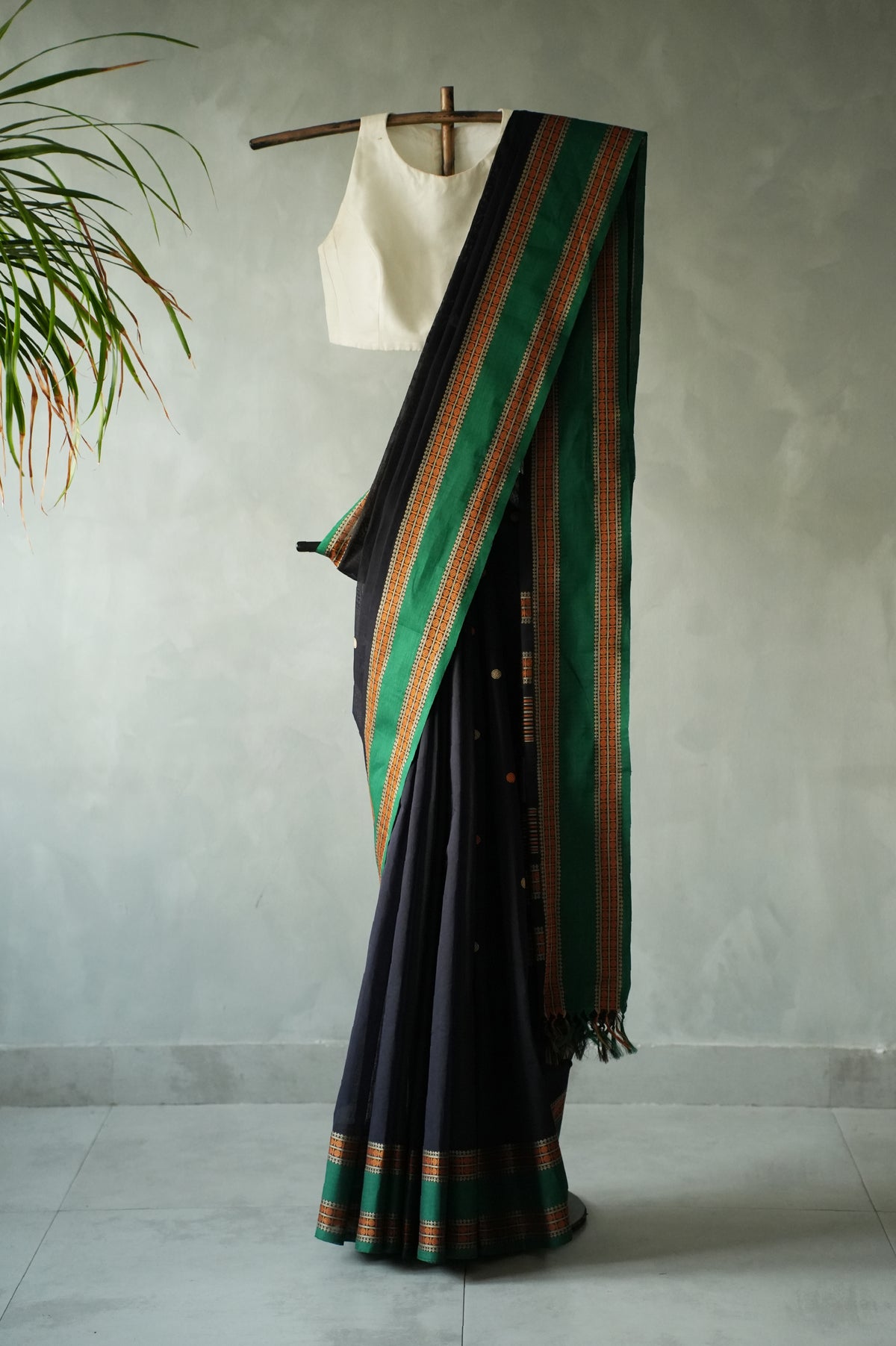 Jet Black Kanchi Cotton with Viridian Green and Orange Border Saree