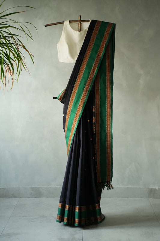Jet Black Kanchi Cotton with Viridian Green and Orange Border Saree