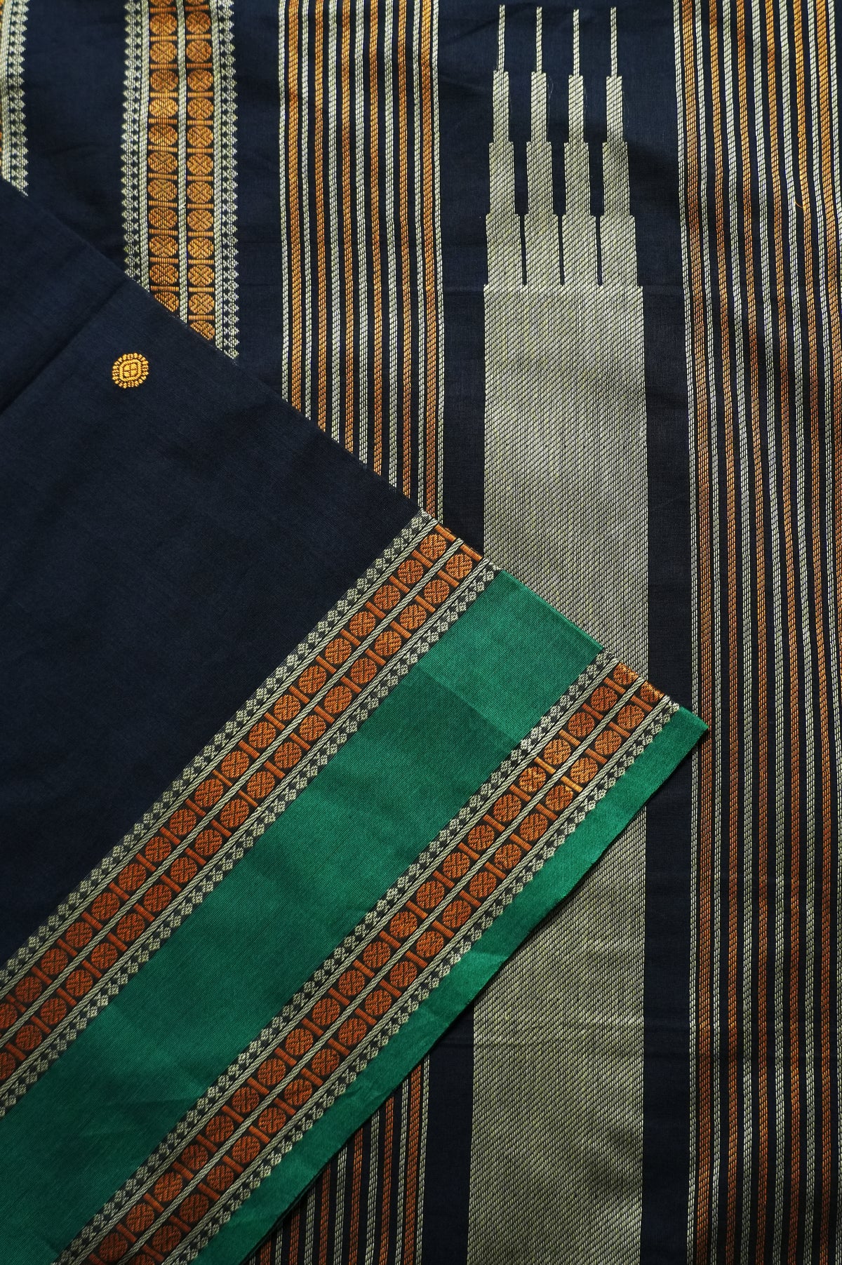 Jet Black Kanchi Cotton with Viridian Green and Orange Border Saree