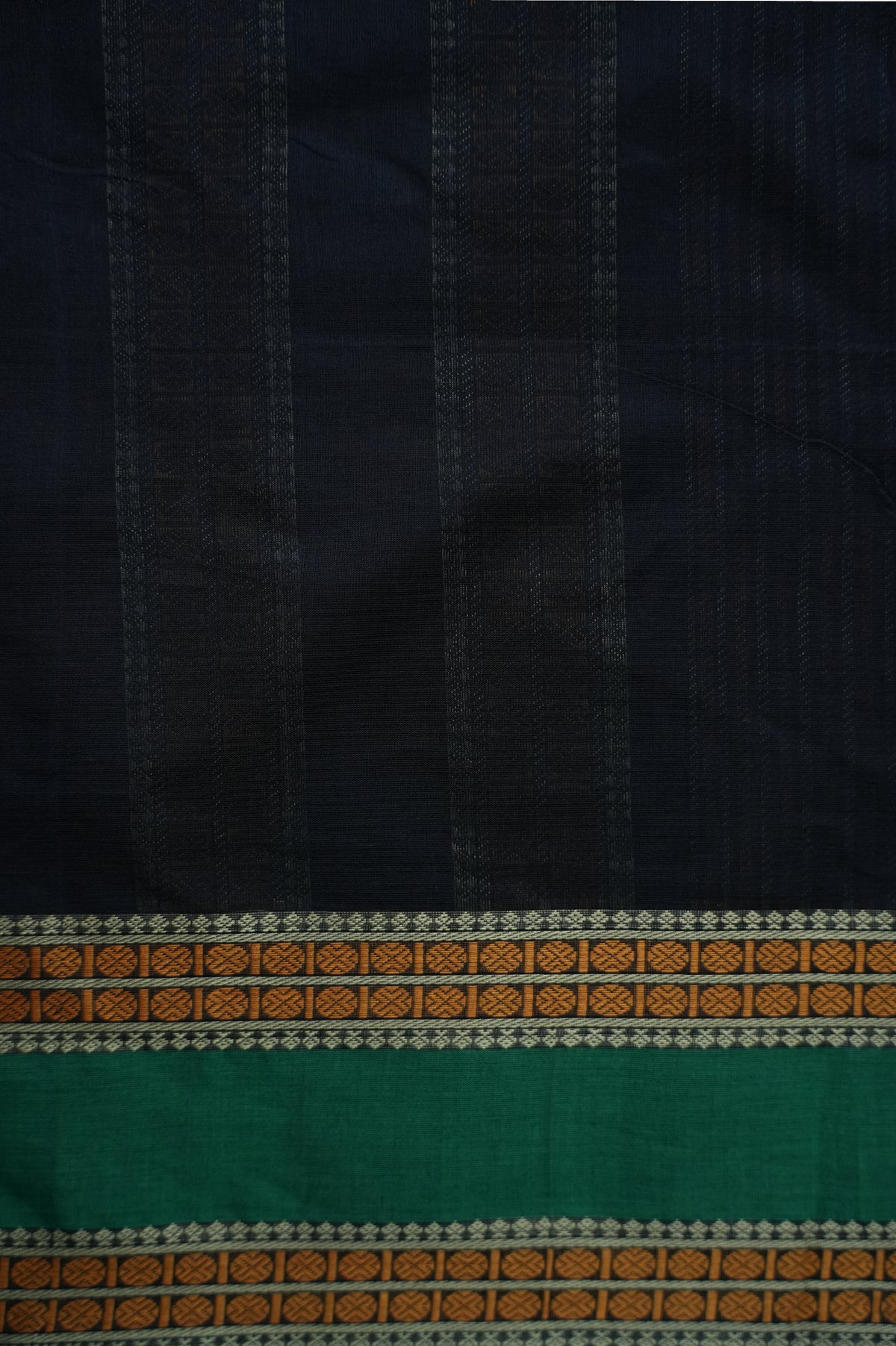 Jet Black Kanchi Cotton with Viridian Green and Orange Border Saree