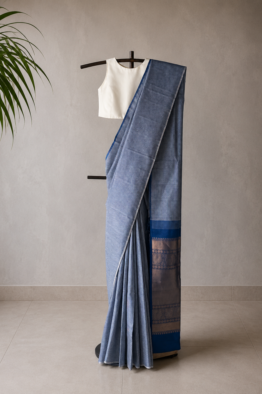 Blue and White Micro-Check Silk Saree with Gold Zari Pallu