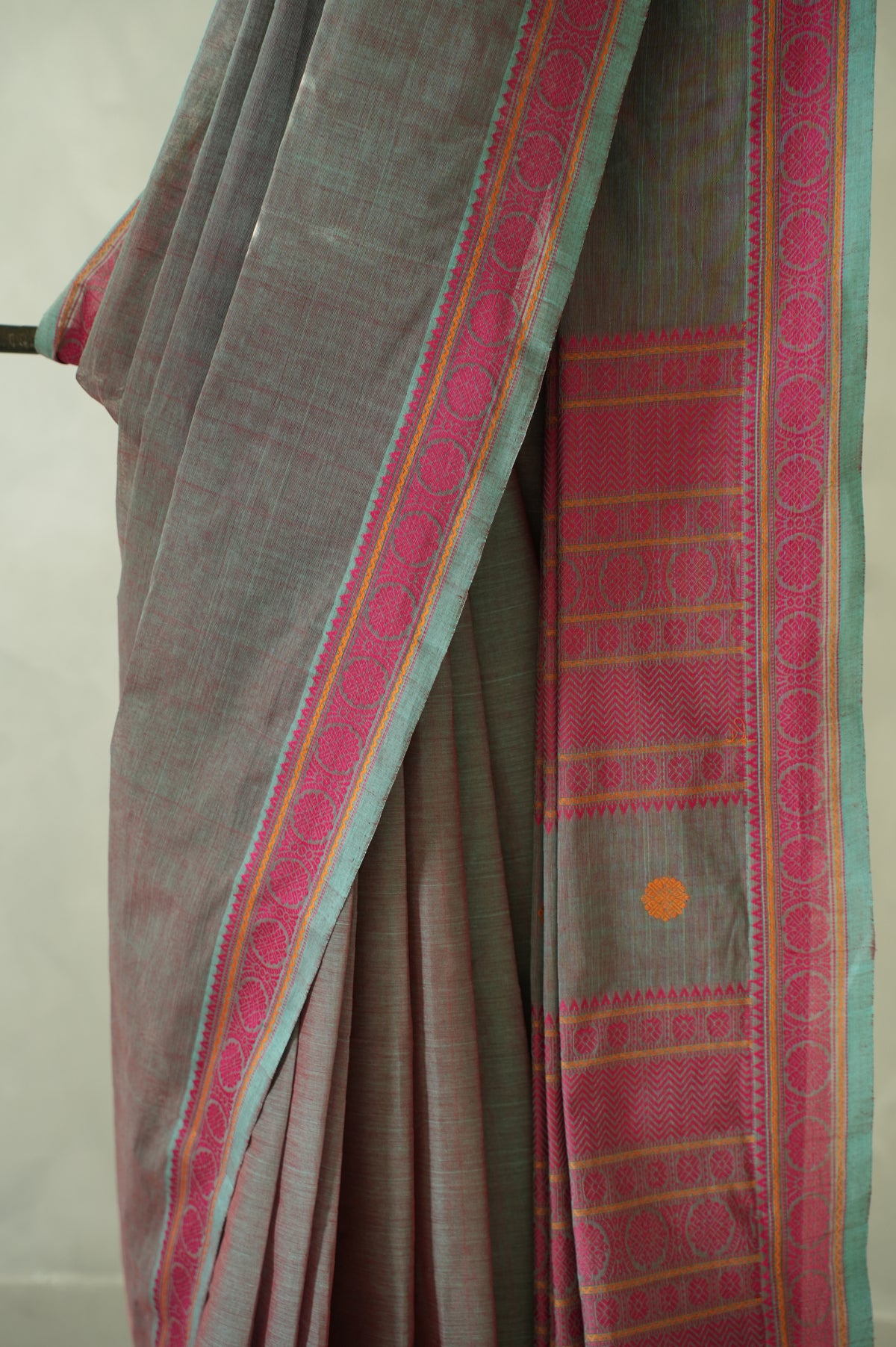 Light Grey Kanchi Cotton With Pink And Light Blue Border Saree