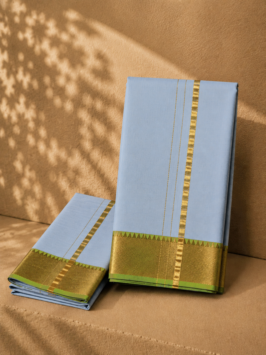 Blue Mangalagiri Silk Cotton Veshti Set with Light Green Gold Zari Border