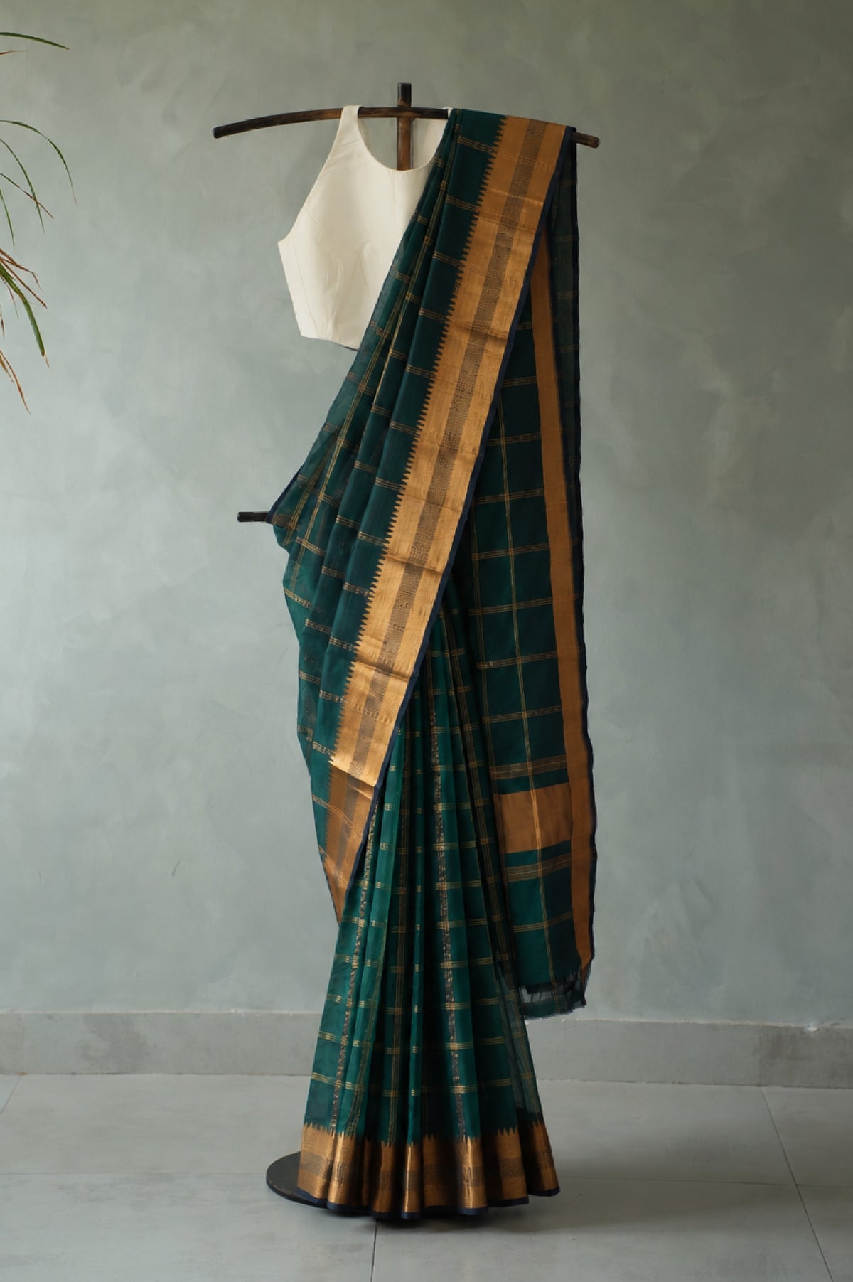 Bottle Green Mangalagiri Silk Cotton with Gold Copper Zari Border Saree