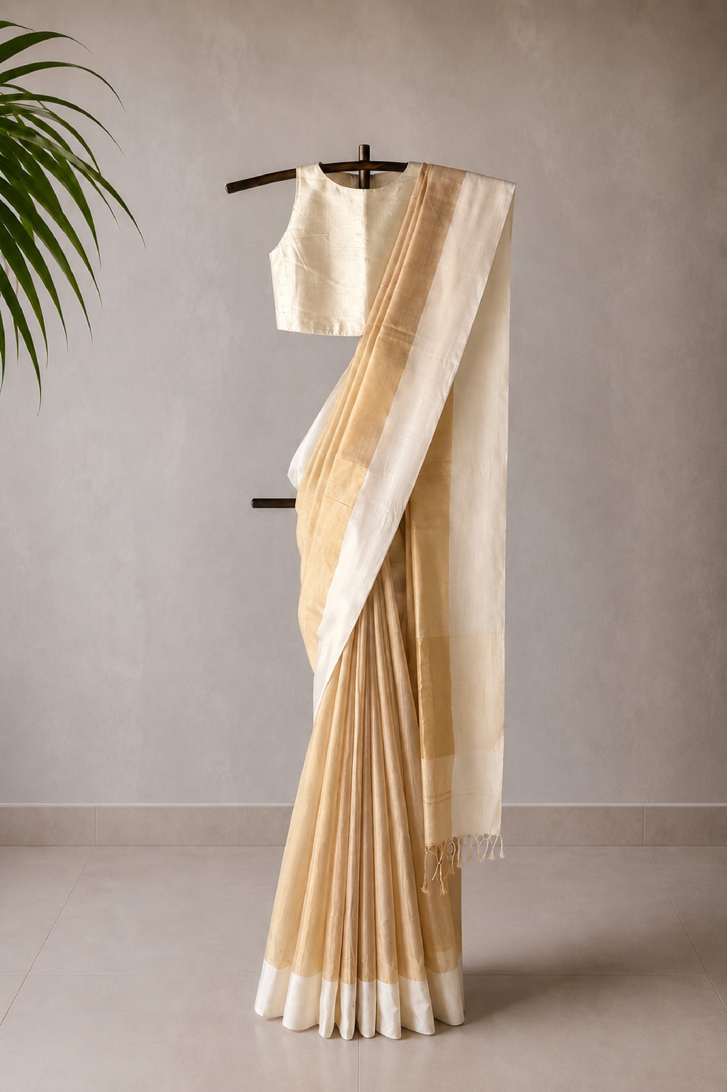 Gold Tissue Silk Saree with White Mercerised Cotton Border