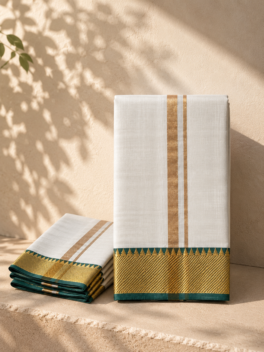Ivory Mangalagiri Silk Cotton Vesti Set with Deep Green and Gold Border