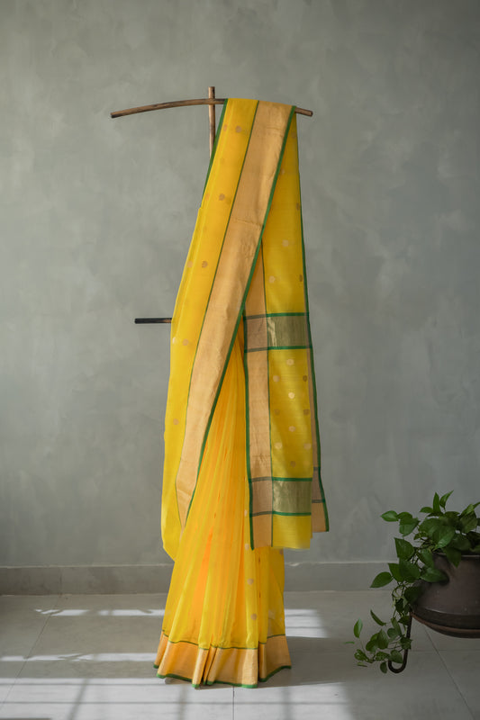 Yellow Chanderi Silk with Gold and Green Border and Lotus Motif Saree