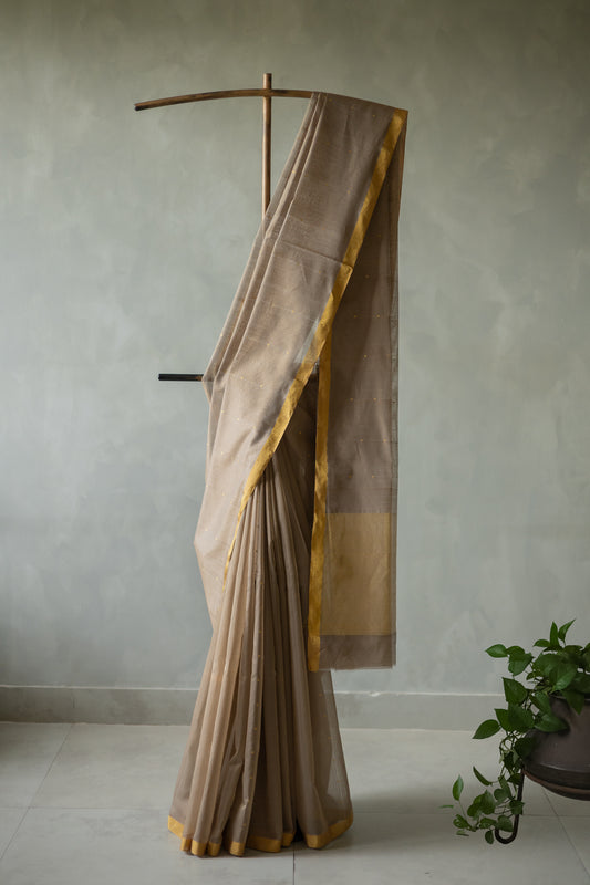 Brown Chanderi Silk with Small Gold Border and Motif Saree