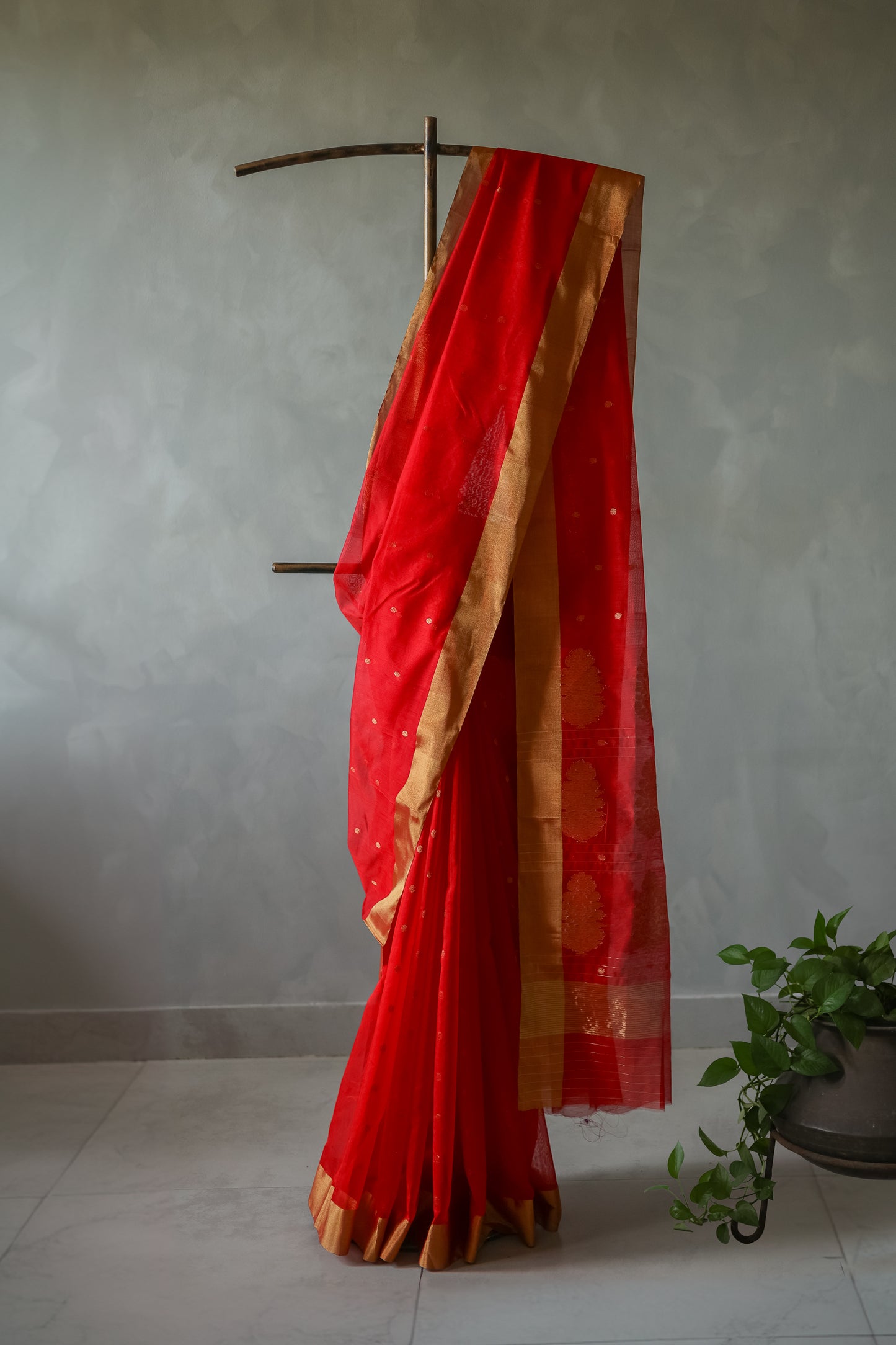 Red Chanderi Silk with Small Round Motif Saree