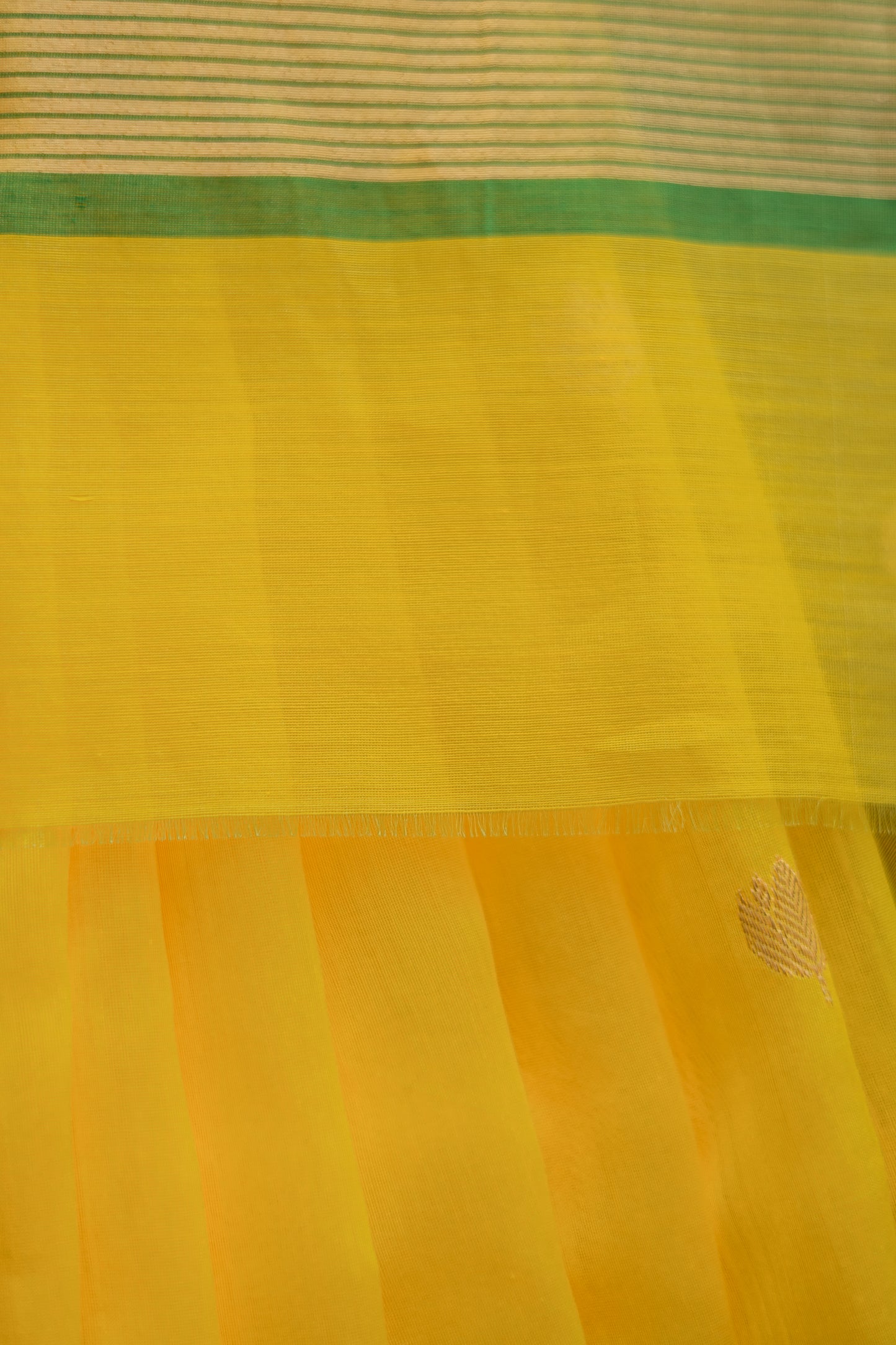 Yellow Chanderi Silk with Gold and Green Border and Lotus Motif Saree