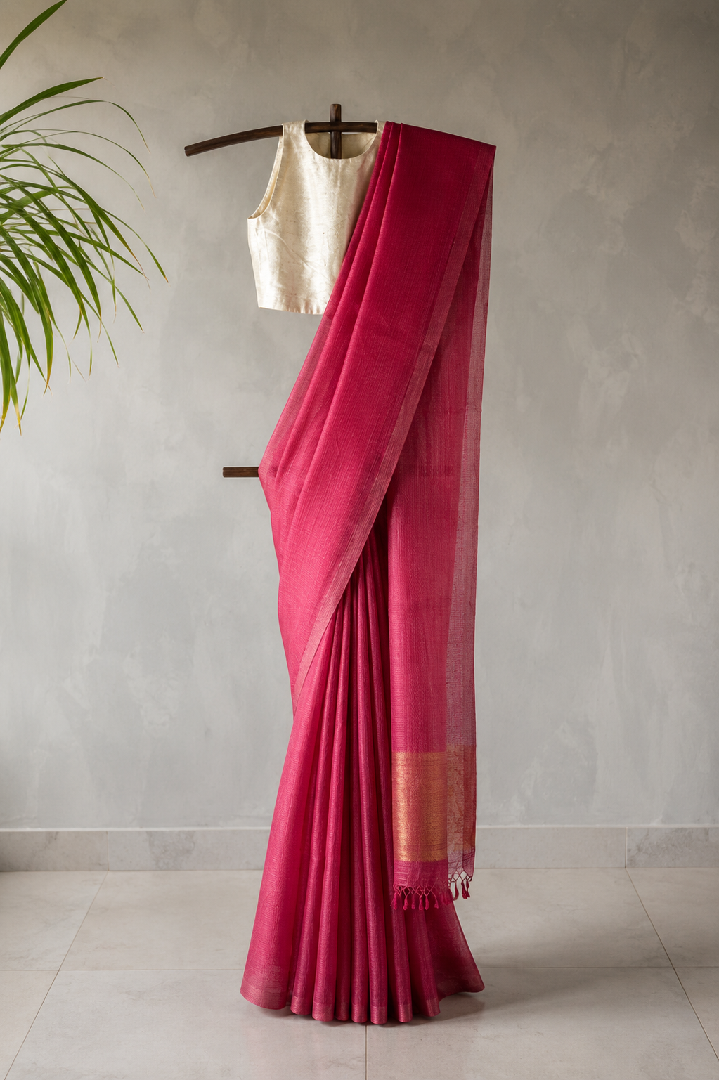 Raspberry Pink Banaras Organza Silk with a Subtle Micro Checks (Kota) Saree