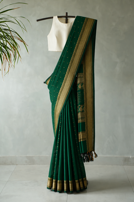 Emerald Green Kanchi Cotton with Beige Threadwork Border Saree