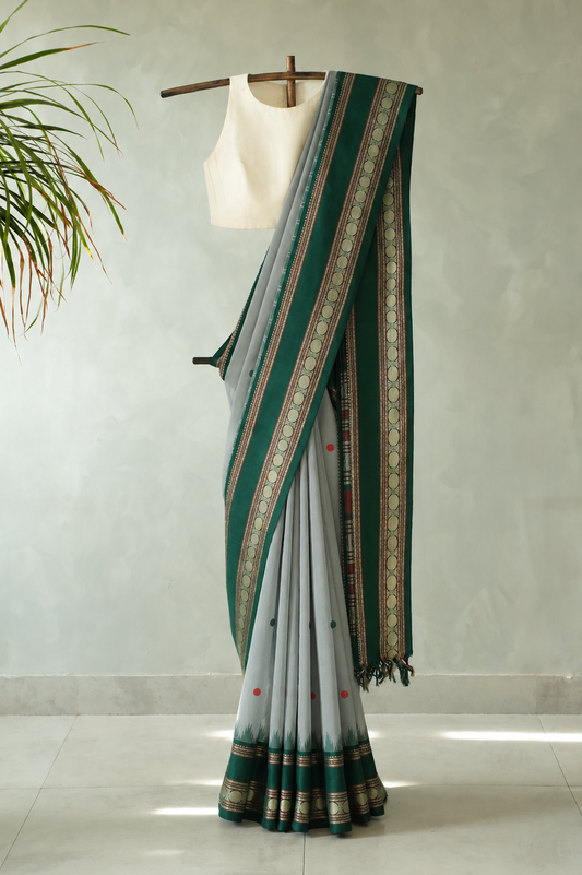 Grey Kanchi Cotton with Forest Green Silk Border Saree