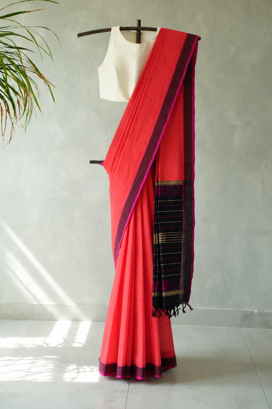 Coral Red Kanchi Cotton with Plum and Magenta Border Border