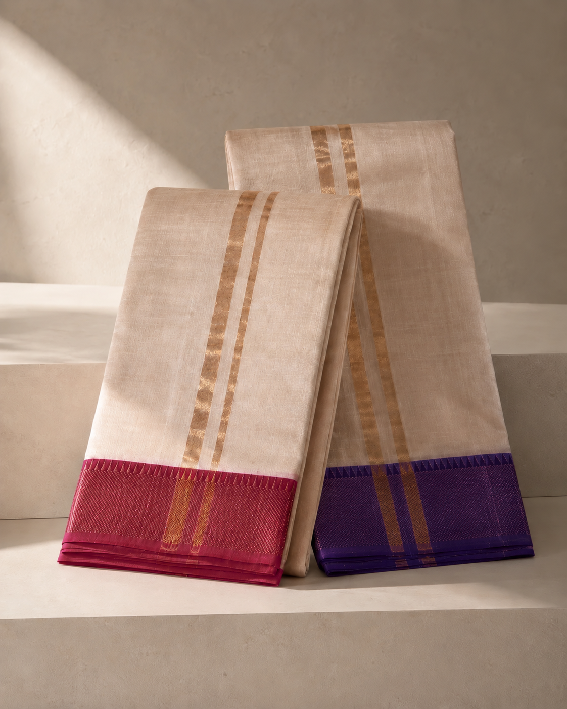 Ivory Mangalagiri Silk Cotton Vesti Set with Deep Pink and Deep Violet Gold Zari Border