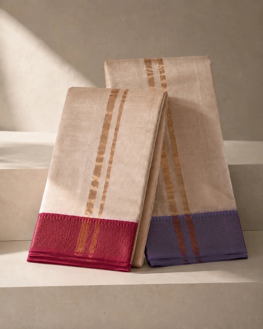 Ivory Mangalagiri Silk Cotton Vesti Set with Deep Pink and Deep Violet Gold Zari Border